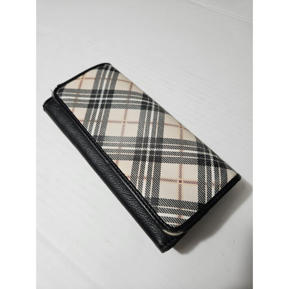 Womens Plaid Zip-Around Wallet Black Beige Button Zipper Credit Card Safe Keeper